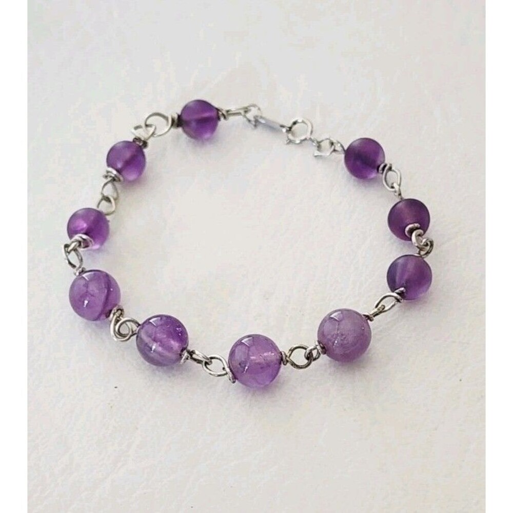 Sterling Silver Amethyst Beaded Chain Bracelet 7 Inches 7.79 Grams Handcrafted